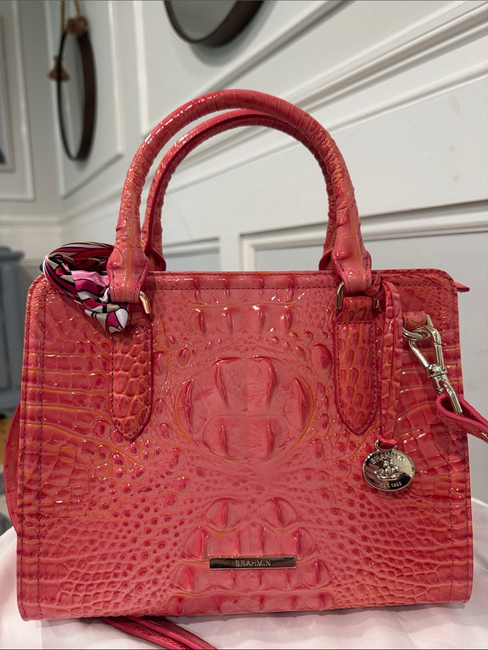 Brahmin Bag Cami Coral Snapdragon Melbourne Croc Leather Satchel Tote Crossbody - Picture 5 of 17